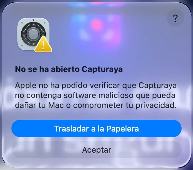 Aviso de macOS «No se ha abierto Capturaya» con el botón azul «Trasladar a la Papelera» y «Aceptar»