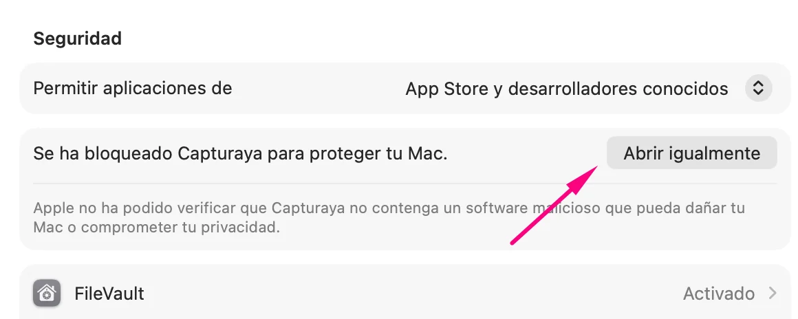 Aviso Se ha bloqueado Capturaya con el botón Abrir igualmente