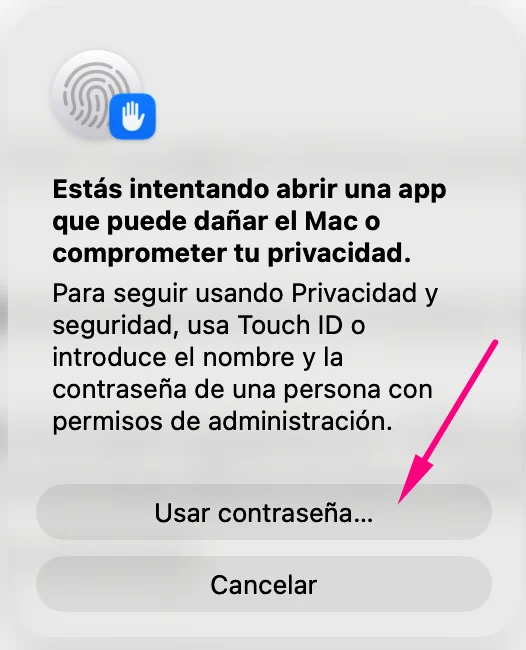 Petición de Touch ID o contraseña